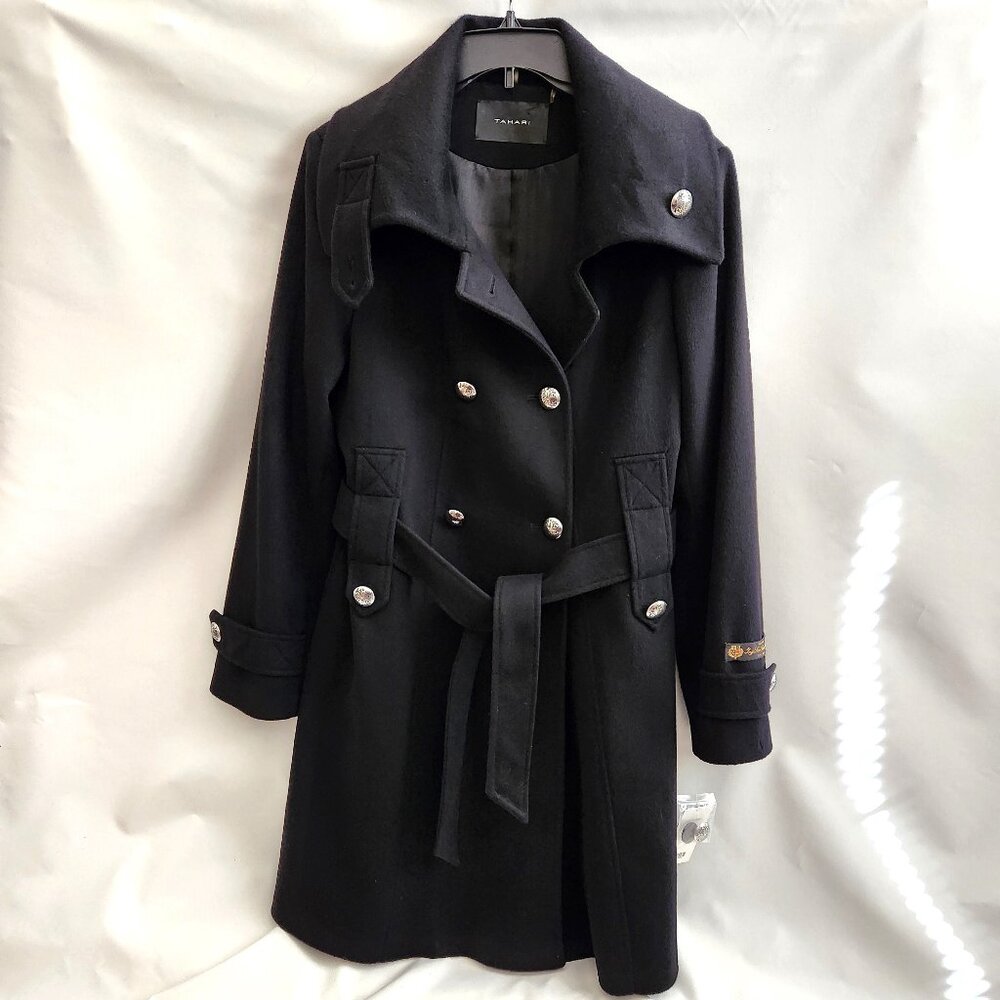 Tahari Classic Black Wool Belted Trench Coat Sz 12